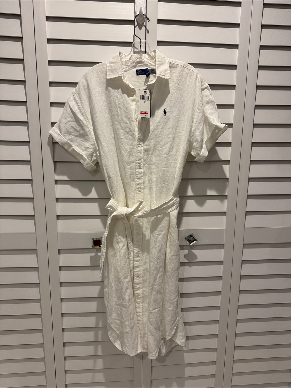 Polo by Ralph Lauren Linen White Button-Front Belted Shirt Dress with Pockets. - Picture 2 of 12